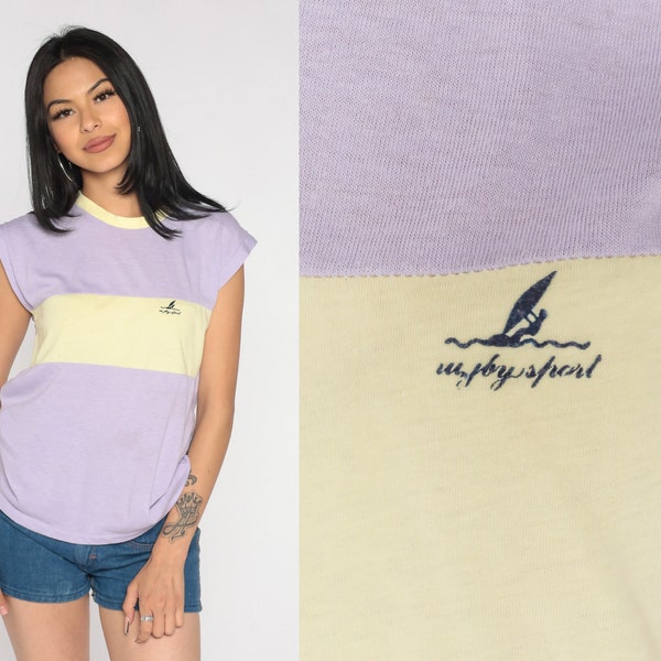 Striped T-Shirt 80s Windsurfing Shirt Lavender Purple Yellow Ringer Cap Sleeve Top Color Block Pastel Nautical Tee Vintage 1980s Small S