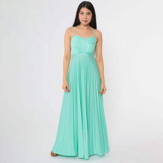 70s Prom Dress Aqua Blue Pleated Maxi Gown Vintage Disco Summer Evening Party Spaghetti Strap Sweetheart Neckline Extra Small XS