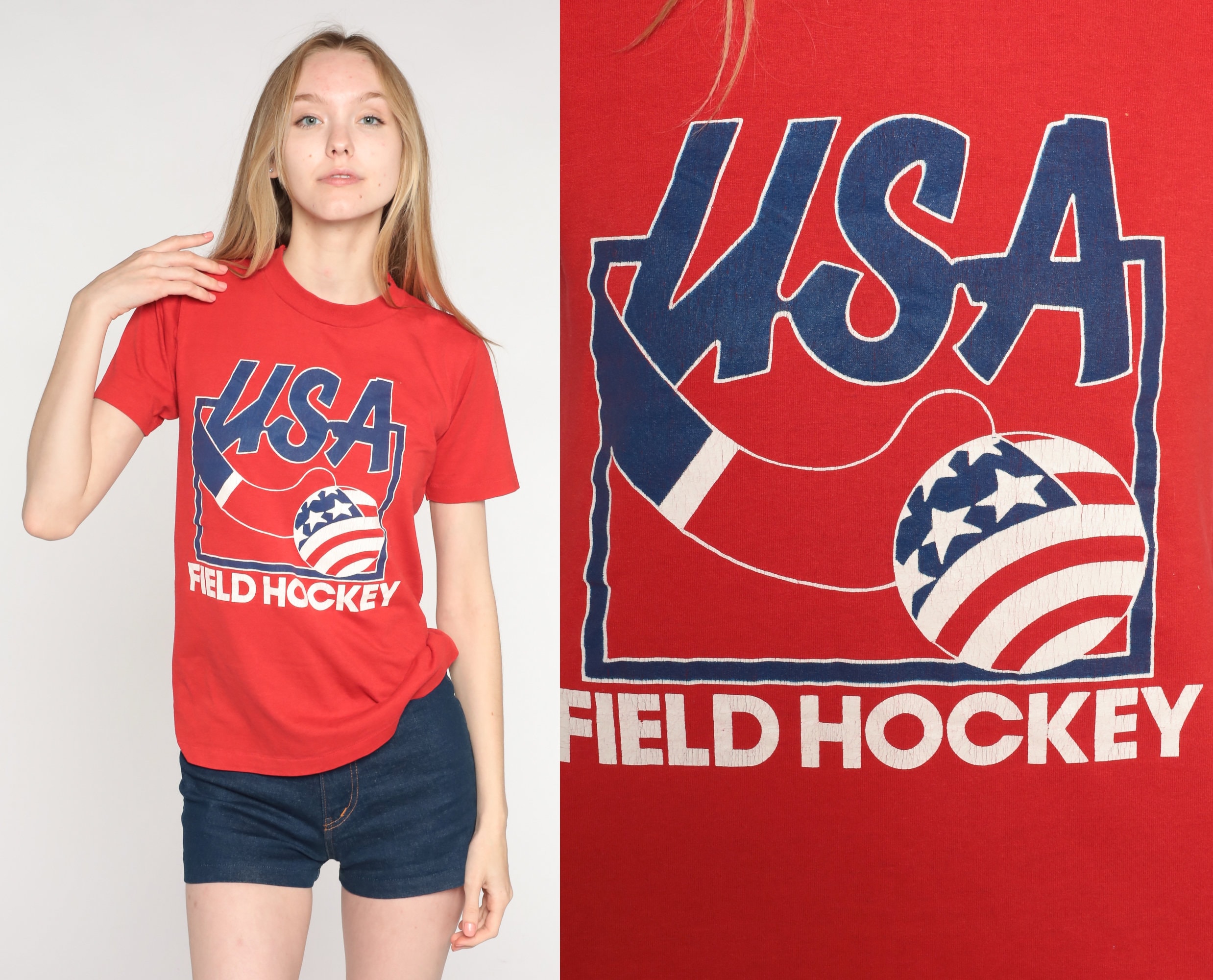 Field Hockey Shirt 80s Red USA Shirt Graphic Tee Vintage Sports Crewneck  Tshirt Retro T Shirt Print 1980s Jerzees Small S