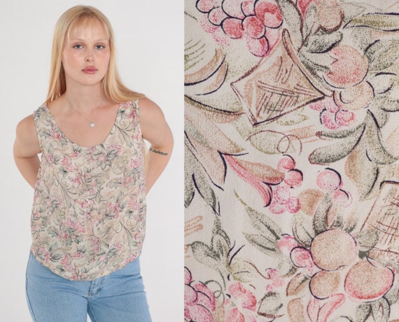Fruit Print Tank Top 90s Blouse Sleeveless Shirt Fruitbowl Grape Leaf Print Retro Bohemian Summer Hippie Boho Vintage 1990s Rampage Small S