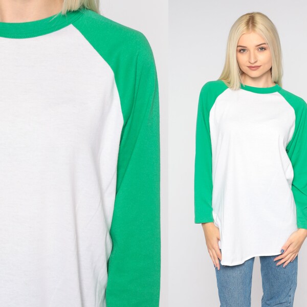 Vintage Baseball Tee 80s White Green Ringer Tshirt Retro Raglan T-Shirt Plain Sportswear Long Sleeve Basic Sporty 1980s Extra Large xl