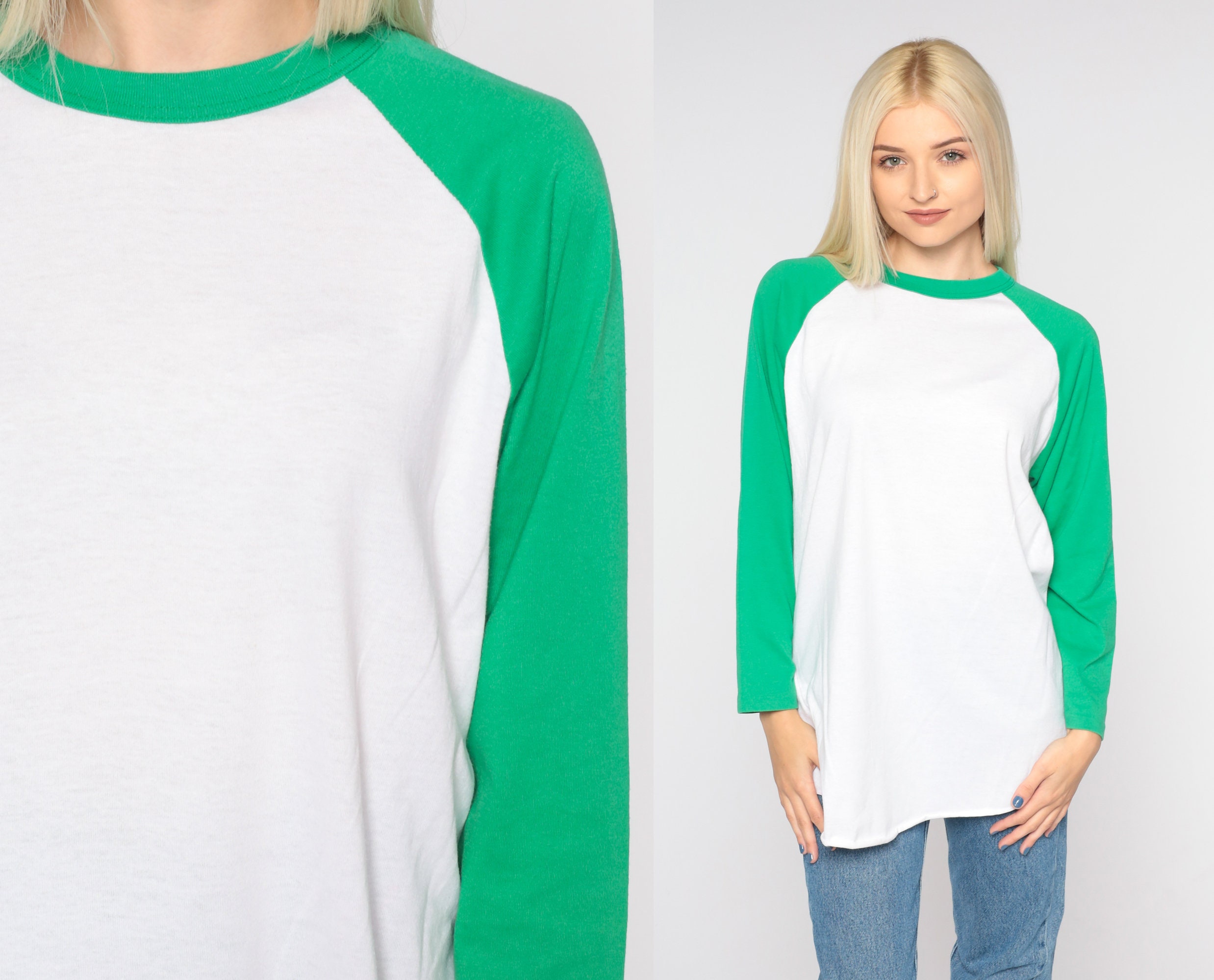 Vintage Baseball Tee 80s White Green Ringer Tshirt Retro Raglan TShirt