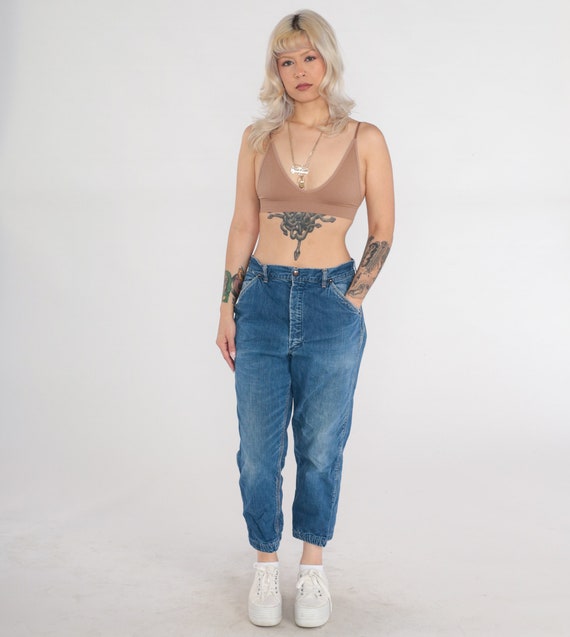 Vintage 70s Ankle Jeans Retro High Waisted Rise Jeans Tapered Leg Elastic Cuff Cropped Mom Jeans Lined Denim Pants Seventies 1970s Medium M