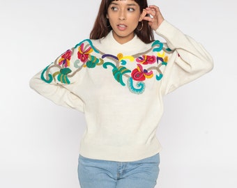 Embroidered Floral Sweater 80s Cream Knit Sweater Boho Acrylic Sweater 1980s Shawl Neck Pullover Vintage Acrylic Knit Medium