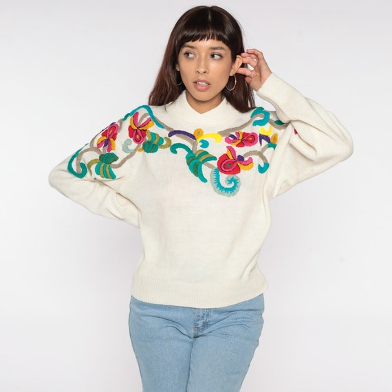 Embroidered Floral Sweater 80s Cream Knit Sweater Boho Acrylic Sweater 1980s Shawl Neck Pullover Vintage Acrylic Knit Medium