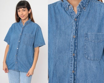 90s Denim Shirt Short Sleeve Blue Jean Button up Collared Retro Top Basic Plain Simple Casual Utility Pocket Vintage 1990s Men's Medium