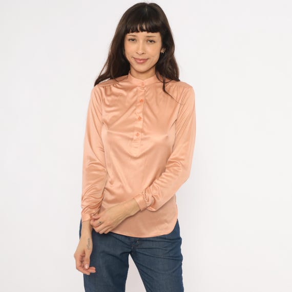 70s Blush Blouse Mandarin Collar Long Sleeve Silky Pink Top Coquette Rose Dusty Salmon Shirt Balletcore Feminine Modest Vintage Medium M
