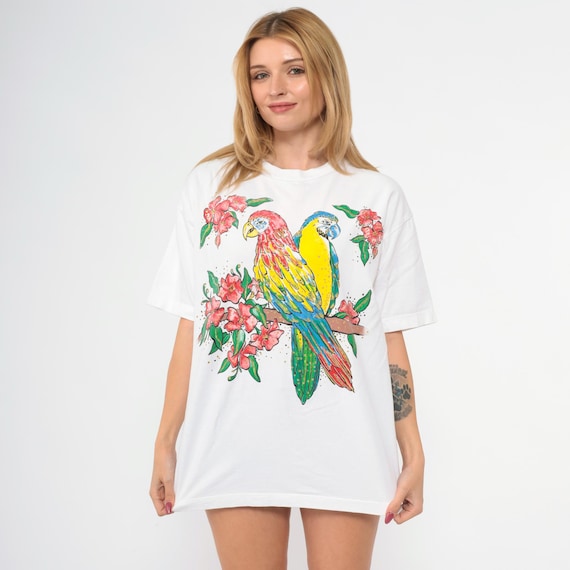 Vintage Parrot Shirt 90s White Tropical Bird Gold Glitter Paint Short Sleeve T Shirt 1990s Jungle Print Tee Medium Large