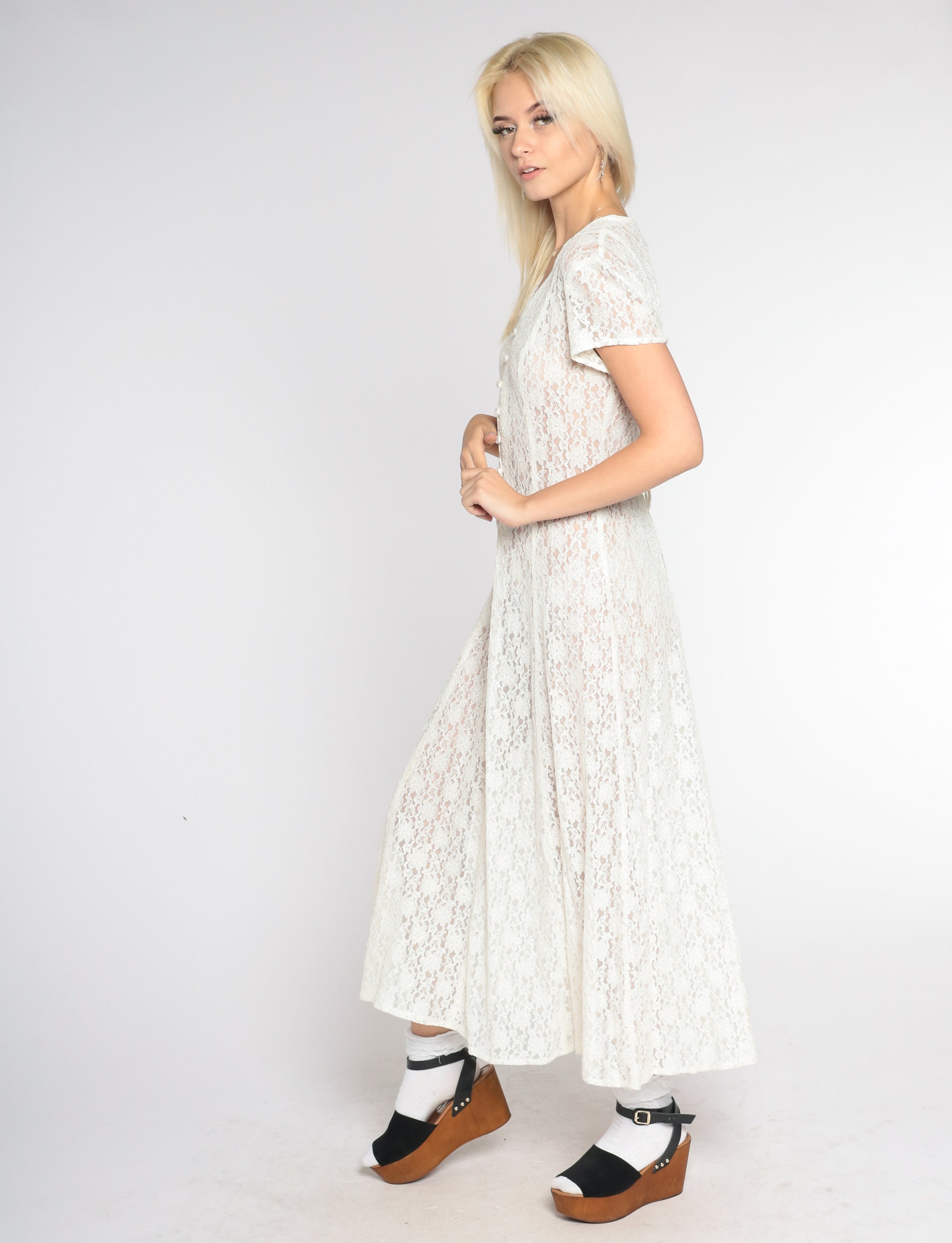 White Lace Maxi Dress 90s All That Jazz Sheer Dress Grunge Boho Hippie Short Sleeve Button Up