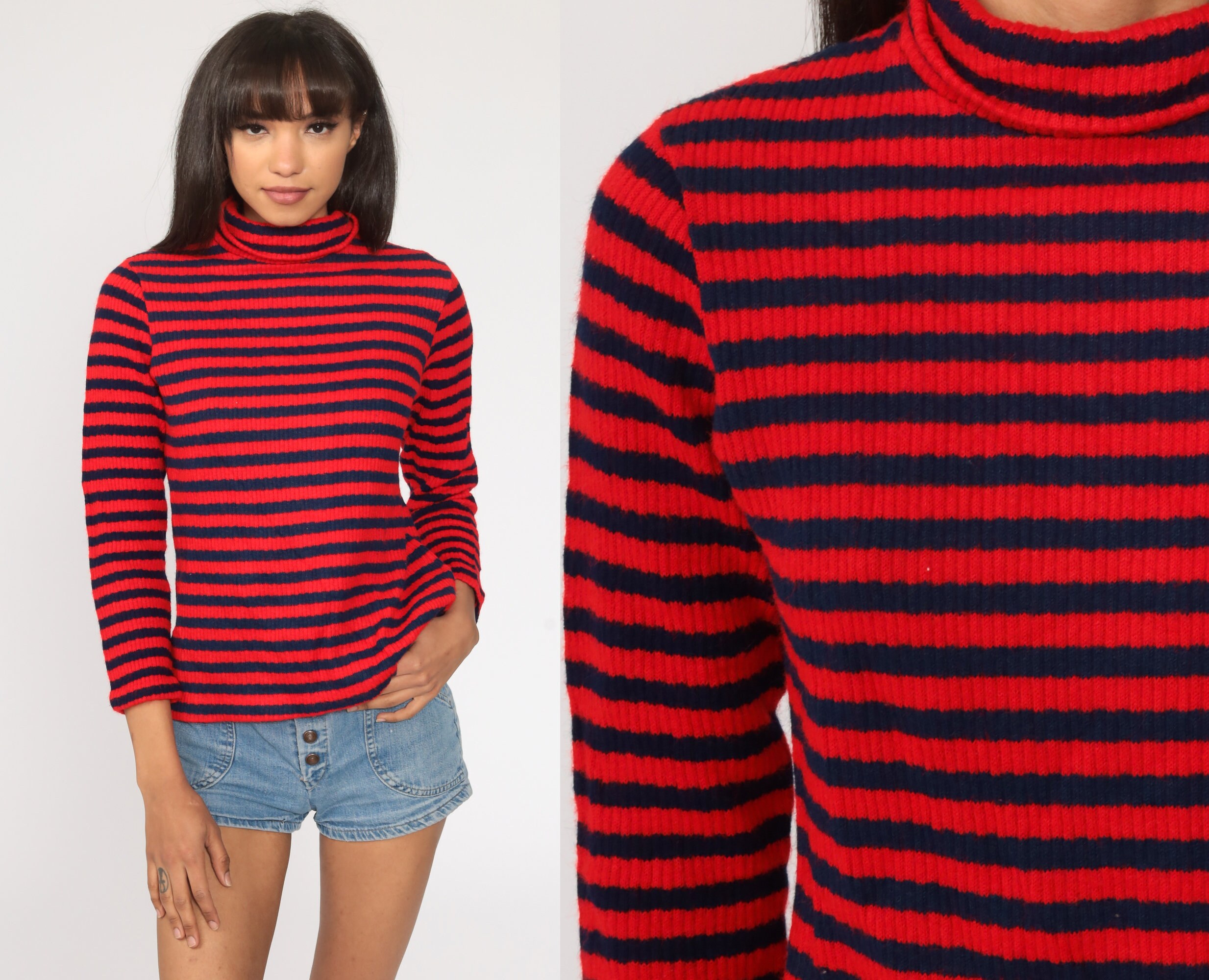Striped Turtleneck Sweater Red Blue 