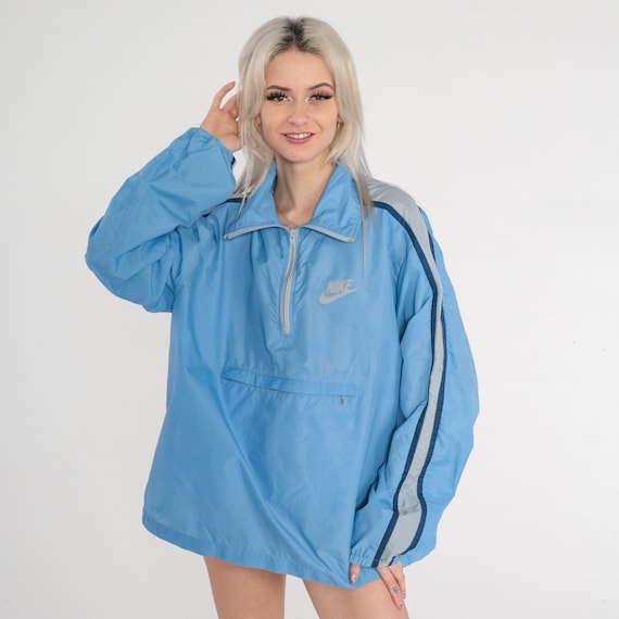 80s Nike Jacket Blue Windbreaker Striped Nylon Pullover Quarter Zip Jacket Retro Sporty Streetwear Shell Coat Vintage 1980s Extra Large xl