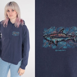 90s Laguna Beach Shirt Hooded Shark Shirt TShirt Surfer Hoodie Shirt Crazy Shirts Navy Blue 1990s California Tee Vintage Long Sleeve Medium image 1