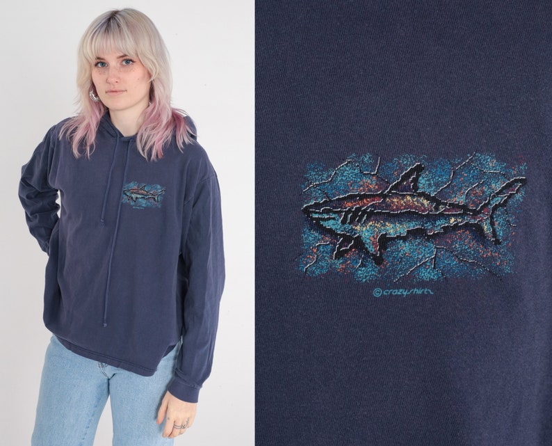 90s Laguna Beach Shirt Hooded Shark Shirt TShirt Surfer Hoodie Shirt Crazy Shirts Navy Blue 1990s California Tee Vintage Long Sleeve Medium image 1