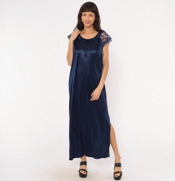 Navy Satin Nightgown 80s Lace Cap Sleeve Slip Dress Ruffled V Neck Floral Embroidered Sheer Lingerie Sleep Gown Dark Blue Vintage Large L