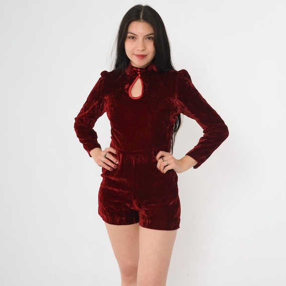 Vintage Burgundy Velvet Romper 60s 70s Long Puff Sleeve 1970s Keyhole Neck Crushed Velour Party Playsuit Mod 1960s Gothic Extra Small xs