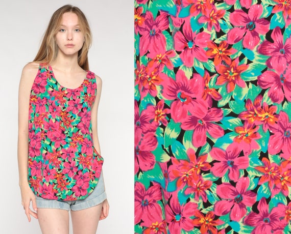 Floral Tank Top 90s Tropical Blouse Bohemian Shirt Hippie Shirt Sleeveless Shirt Summer Shirt Pink Green Rayon Shirt Medium Large