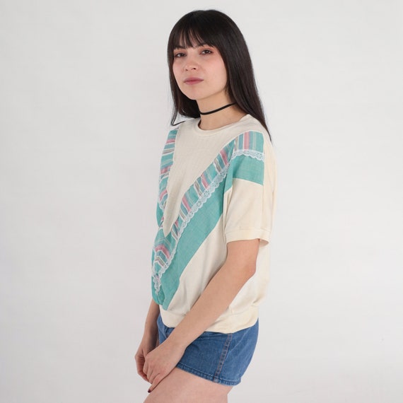 80s Shirt Chevron Striped T-Shirt Cream Ribbed La… - image 4