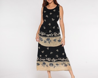 Botanical Maxi Dress Y2K Black Tan Floral Border Print Sleeveless Tank Dress Bila Rayon Boho Dress Leaf Scoop Necks Flowy Tiered Small S 4