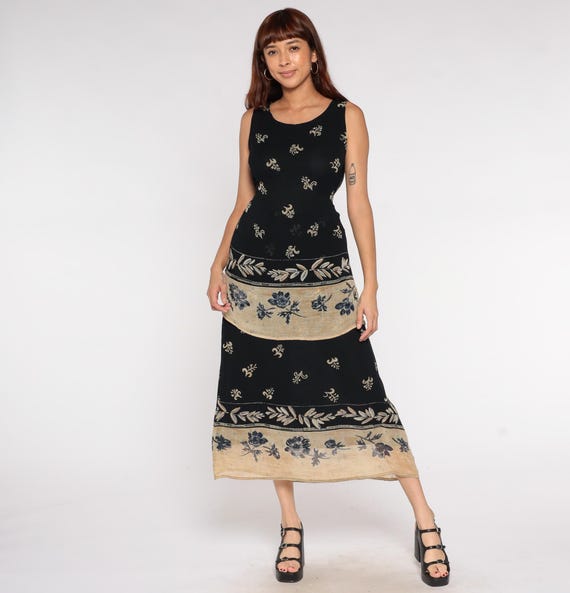 Botanical Maxi Dress Y2K Black Tan Floral Border Print Sleeveless Tank Dress Bila Rayon Boho Dress Leaf Scoop Necks Flowy Tiered Small S 4