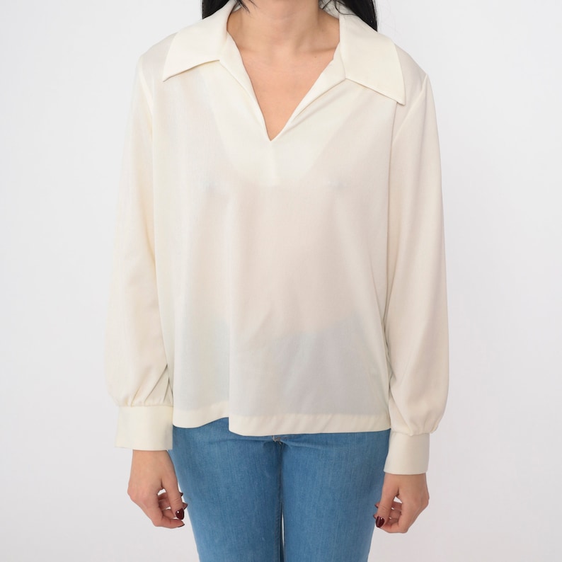 Off-White Blouse 70s Long Sleeve Top Semi-Sheer Shirt Collared V Neck Retro Boho Simple Seventies Long Sleeve Plain Vintage 1970s Medium M image 7