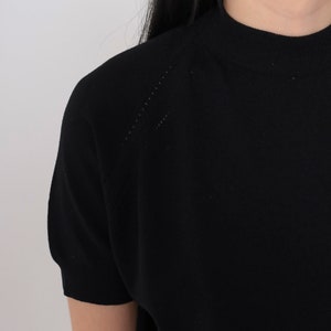 Plain Black Shirt 70s Short Raglan Sleeve Top Cutout Retro Minimal T-Shirt Summer Casual Solid Banded Hem Blouse Nylon Vintage 1970s Large L image 4