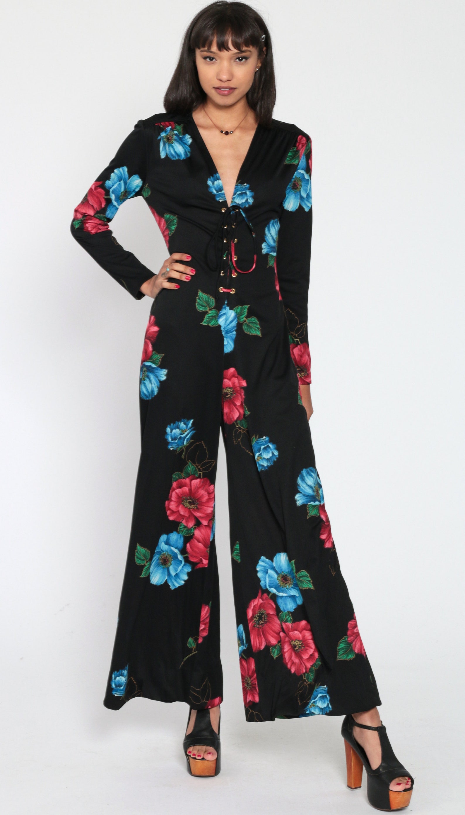 70s Jumpsuit Bell Bottom Jumpsuit Black Floral Boho Wide Leg Etsy