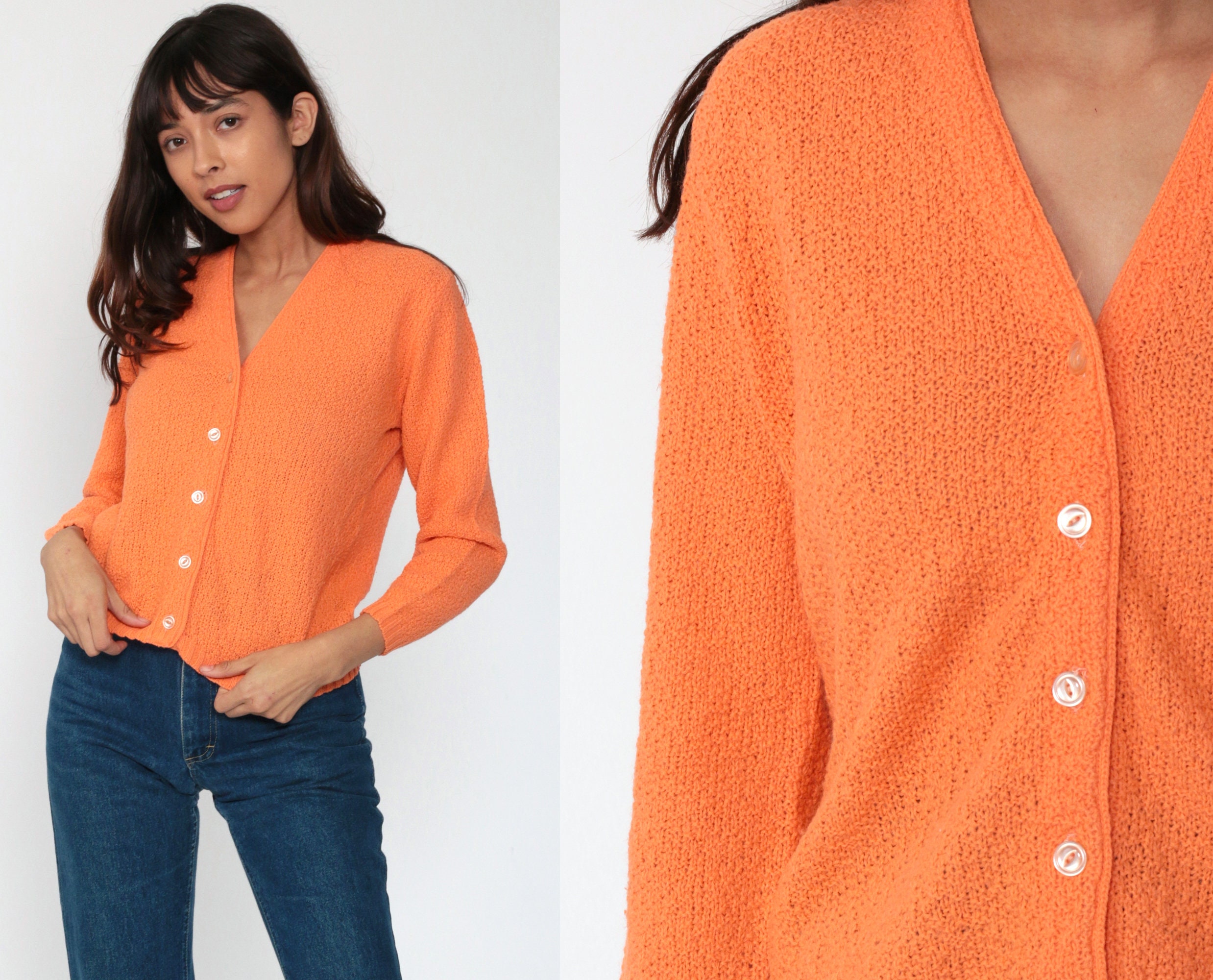 Orange Sweater -- 80s Cardigan Button 