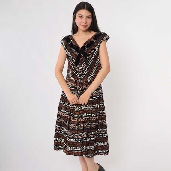 50s Cocktail Dress Brown Geometric Print V-Neck Cap Sleeve Abstract Party Midi Vintage Pinup Classic Rockabilly Swing Dress Large L