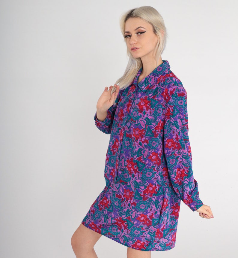 80s Mini Dress Purple Paisley Floral Print Day Dress Long sleeve Button up Shift Hippie Boho Groovy Shirtdress Minidress Vintage 1980s Large image 5