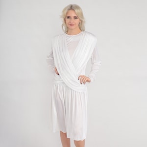 White Party Dress 80s Draped Midi Dress Grecian Formal Long Sleeve Retro Evening Cocktail Chic Going Out Goddess Boho Vintage 1980s Small S