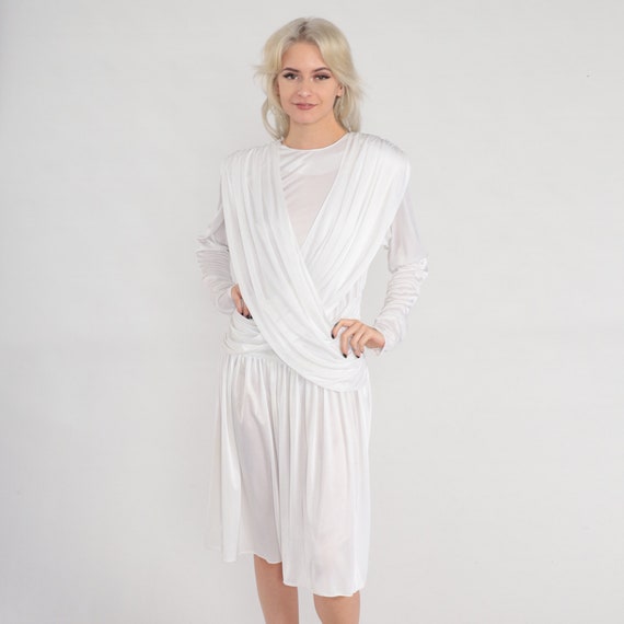 White Party Dress 80s Draped Midi Dress Grecian Formal Long Sleeve Retro Evening Cocktail Chic Going Out Goddess Boho Vintage 1980s Small S