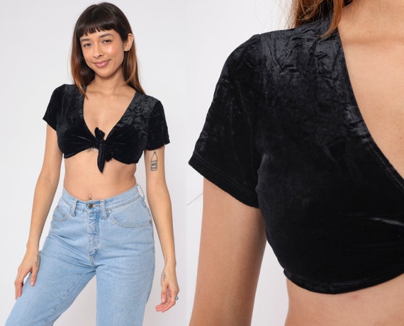 Black Velvet Crop Top 90s Tie Front Blouse Cropped Shirt Party Festival Going Out Summer Sexy Goth Short Sleeve Vintage 1990s Extra Small xs