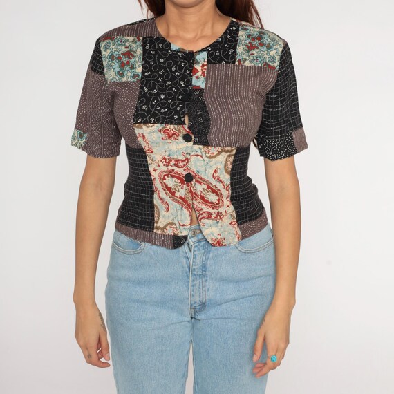 80s Patchwork Blouse Cropped Black Brown Cream Fl… - image 6