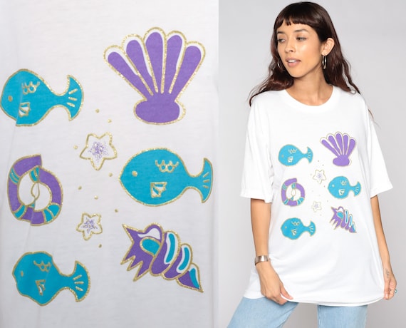 Vintage Fish Shirt Under The Sea Tshirt 90s Seashell Tshirt Vintage Retro T Shirt Tee 80s Graphic Print Tshirt Extra Large xl