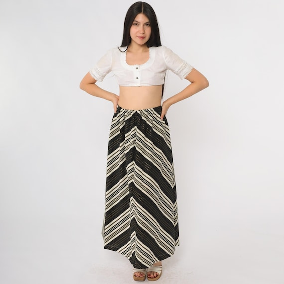Chevron Maxi Skirt 70s Black Cream Striped Polyester Metallic Gold High Waisted A Line Disco Boho Mod Vintage Long Hippie Festival Small S 4