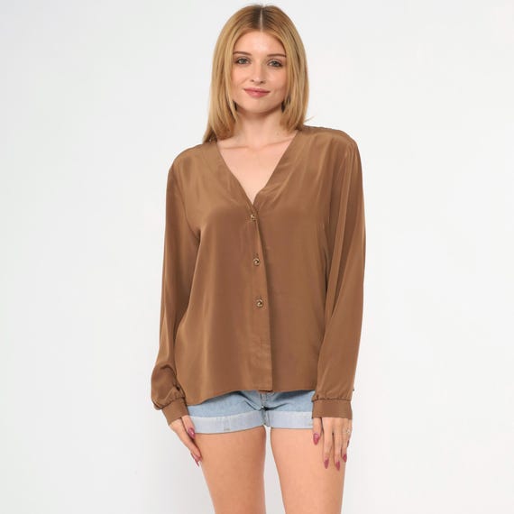 Vintage Silky Brown Blouse 80s Button up Shirt Plain Simple V Neck Collarless Long Sleeve Shirt Retro Minimalist Basic 1980s Medium M