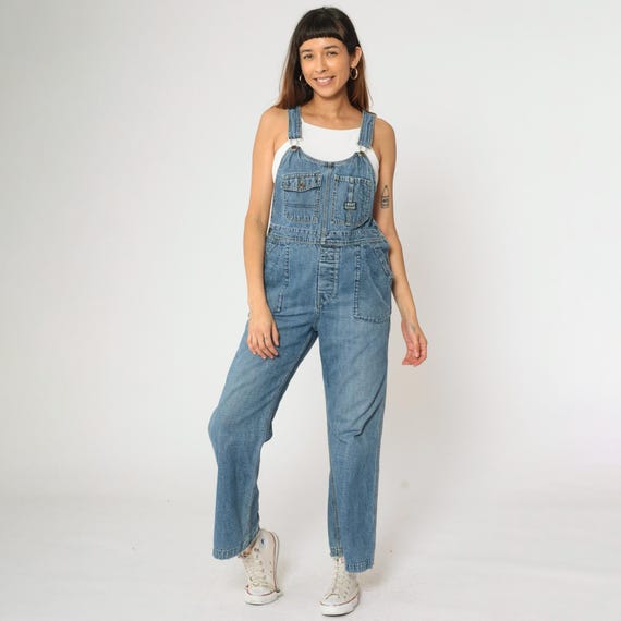 Vintage 90s Lucky Brand Denim Overalls Flared Leg Carpenter Pockets Medium Wash Wide Leg Workwear Dungarees Hong Kong 1990s Medium M