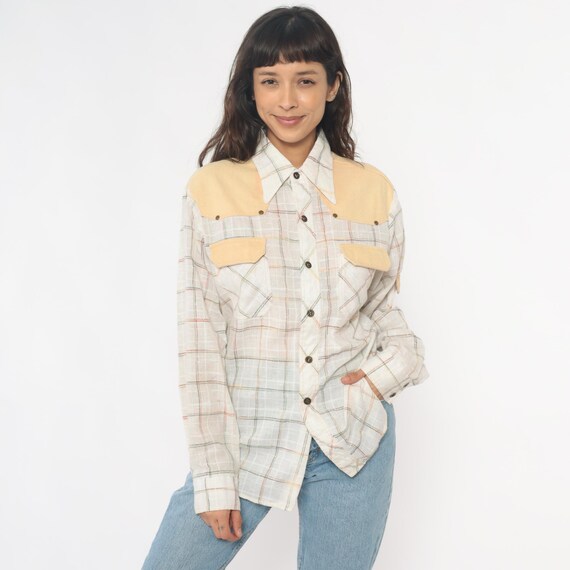 70s Western Shirt Plaid Flannel Button Front Tan Beige Cream Yoke Long Sleeve Collared Cowboy Americana Unisex Vintage Kennington Medium M