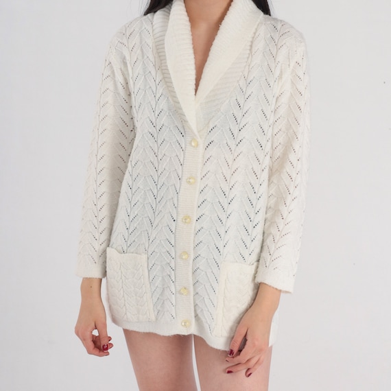 White Cardigan 70s Pointelle Knit Button Up Sweater Sheer Boho Open Weave Grandma Pockets Shawl Collar Girly Vintage 1970s Acrylic Medium M