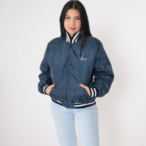 80s Football Jacket Bethel Pop Warner Bomber Jacket Windbreaker Dark Blue Snap Up Coat Varsity Baseball Jacket Vintage 1980s Small S