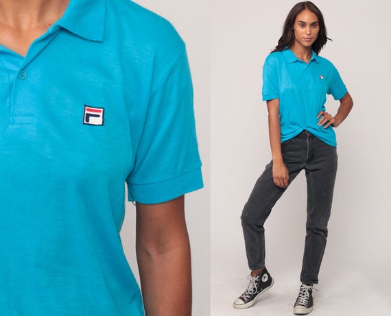 Fila Shirt Polo Shirt Short Sleeve 80s T Shirt Grunge Bright Turquoise Paper Thin Burnout Hipster Retro Tee Vintage Collared Small
