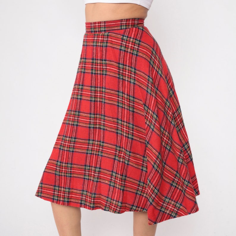 Roter Rock kariert 70er Jahre Tartan Midi Hoch taillierter Dark Academia Rock A Linie Karierter Rock Schulmädchen Vintage 1970er Jahre Bild 5