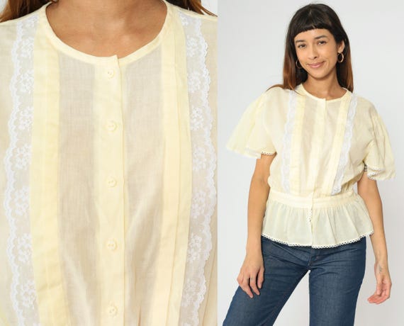 80s Prairie Blouse Puff Sleeve Blouse Pastel Yellow Top Lace Trim Button Up Shirt Vintage 1980s Short Sleeve Peplum Top Medium