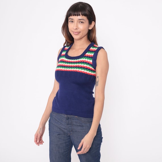 70s Striped Sweater Vest Top Navy Blue Knit Shirt Nerd Sweater Boho Scoop Neck Hippie Shirt Sleeveless Vintage Red Green Geek Small S