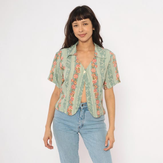 90s Rose Vine Blouse Sage Green Striped Floral Crop Top Short Sleeve Button Front V Neck Prairie Flower Print Vintage Womens Large L