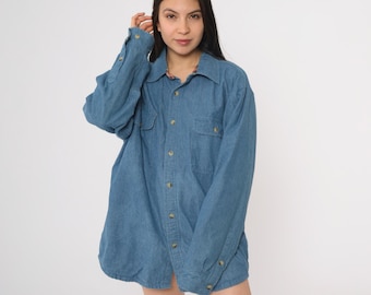 Gevoerd denim flanellen jaren 90 shirt blauwe jeans button-down grunge werkkleding Utility camping lange mouw katoen Unisex casual streetwear grote maat L