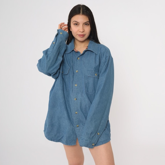 Lined Denim Flannel 90s Shirt Blue Jean Button Down Grunge Workwear Utility Camping Long Sleeve Cotton Unisex Casual Streetwear Large L