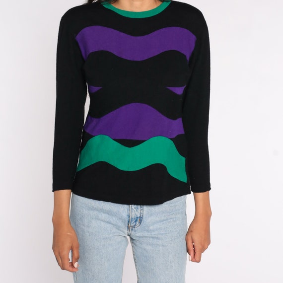 Striped Wool Shirt 80s Black Purple Long Sleeve S… - image 5