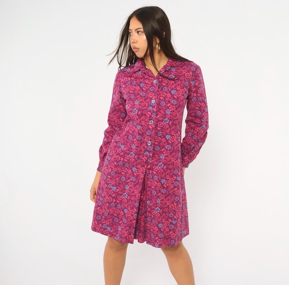 60s Floral Romper Purple Pink Long Sleeve Button Front Linen Culotte Mod Playsuit Blue Flower Print One Piece Jumpsuit Summer Vintage Small