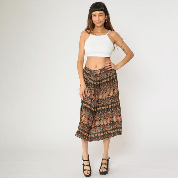Vintage 90s Broomstick Skirt Black Orange Vase Print Textured Crinkle Midi Boho Hippie 1990s Elastic Waist Striped Geometric Pocket Medium M